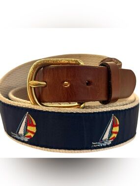 Nautical Sailboat Woven Vintage Belt Brown Leather Gold Brass Buckle Made in USA